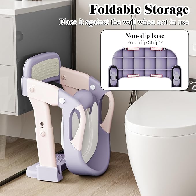 DEEKI 3 in 1 Potty Training Seat with Step Stool Ladder Foldable Anti-slip Toilet Chair Potty Seat for Toddlers Kids Boys Girls(Purple)