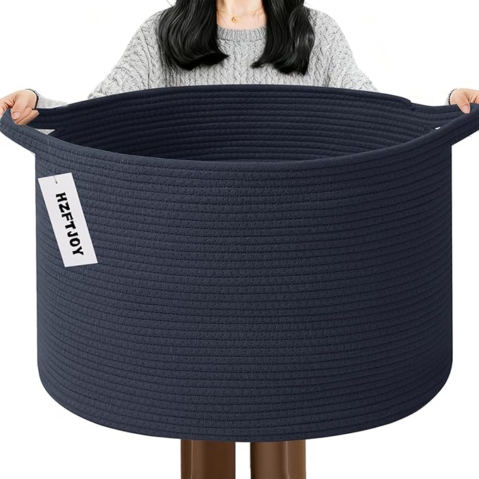 Large Storage Basket with Handle,19.7" L x 19.7" W x 13" H Blanket Basket Storage Bins for Organizing,65L Cotton Rope Woven Baskets for Living Room, Nursery,Bedroom,Dark Blue