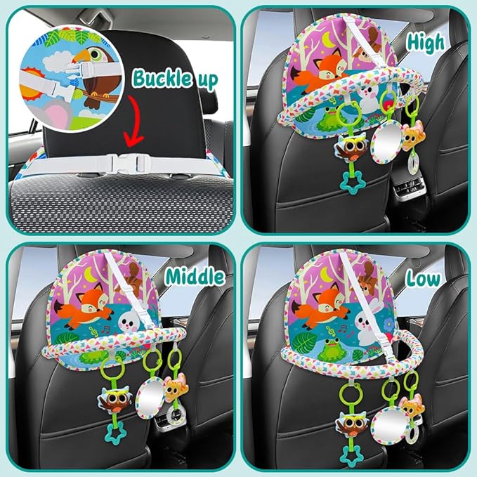 OKOOKO Car Seat Toy Rear Facing Car Seat Toy Baby Travel Toy Double-Sided with Baby Mirror Plush Toys Rattle Teether Thickened Pad Adjustable Sensory Toy for Newborn Infant