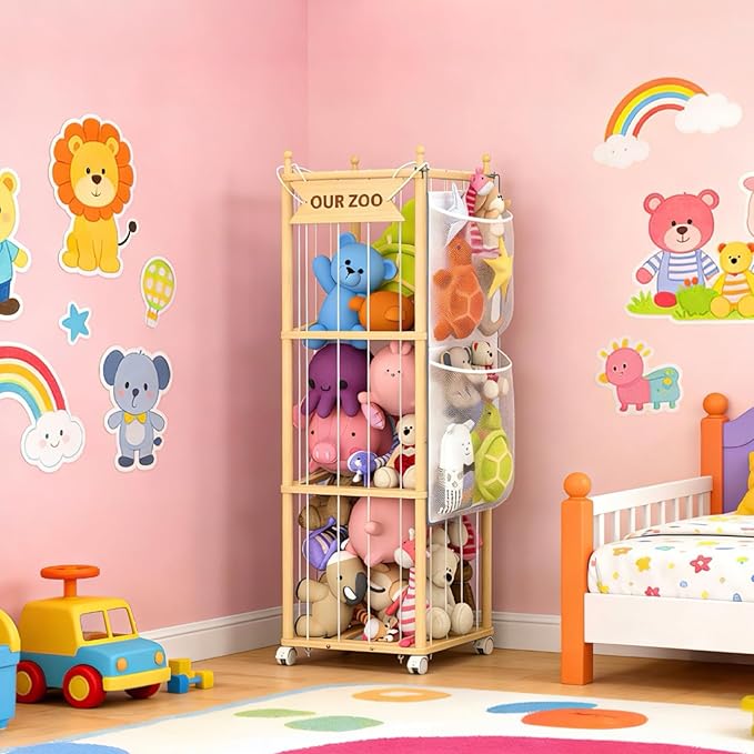 SANXUO Wooden Stuffed Animal Storage Organizer,Hanging & Rolling Toy Storage,Space-Saving Plush Zoo Cage Holder for Kids’Bedroom, Nursery, Playroom,White Elephant Gifts for Boys & Girls