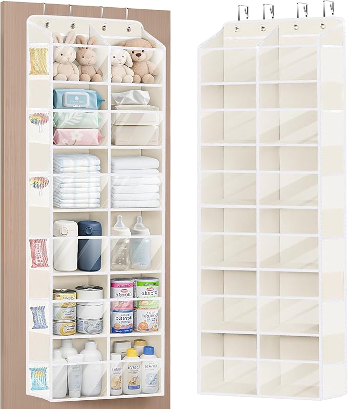 Univivi Over the Door Organizer, 6 Tiers Behind Door Storage with Clear Deep Pockets Hanging Organizer for Closet, Bedroom, Nursery, Bathroom and Sundries (Beige)