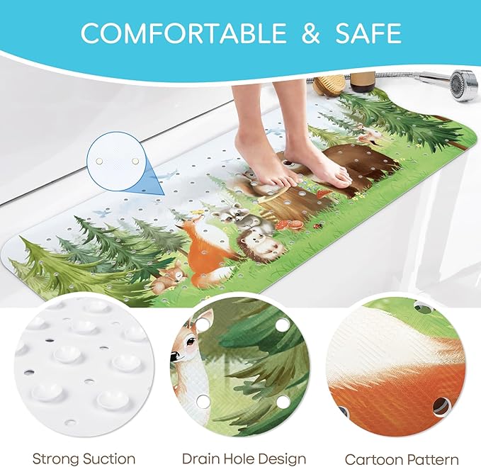 SHUCHING Woodland Animal Bath Mat for Tub Non Slip-40 X 16 Inch, Bathtub Mat Non Slip for Baby Kids, Long Toddler Shower Mat for Bathroom