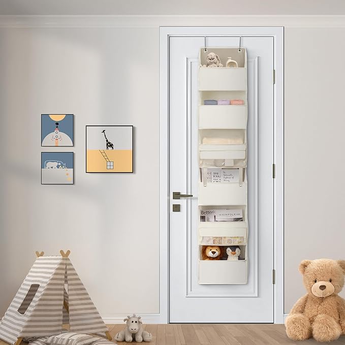 GRANNY SAYS Over The Door Organizer, 6-Shelf Detachable Behind The Door Storage with 8 Pockets, Waterproof Anti Tilt 40lb Large Capacity Hanging Organizer for Nursery, Kids Room, Bedroom, Beige
