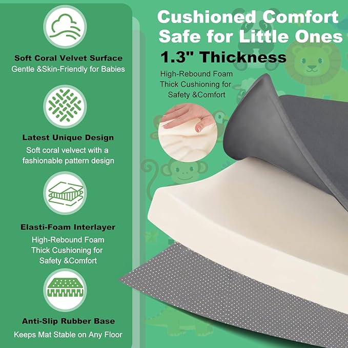 1.3" Thick Baby Play Mat for Floor, Elasti-Foam 71x59 Playpen Mat, Water Repellent Ultra Soft Coral Velvet Tummy Time Crawling Mats for Kid Toddlers Infants, Non-Slip Backing Safe Alphabet Zoo