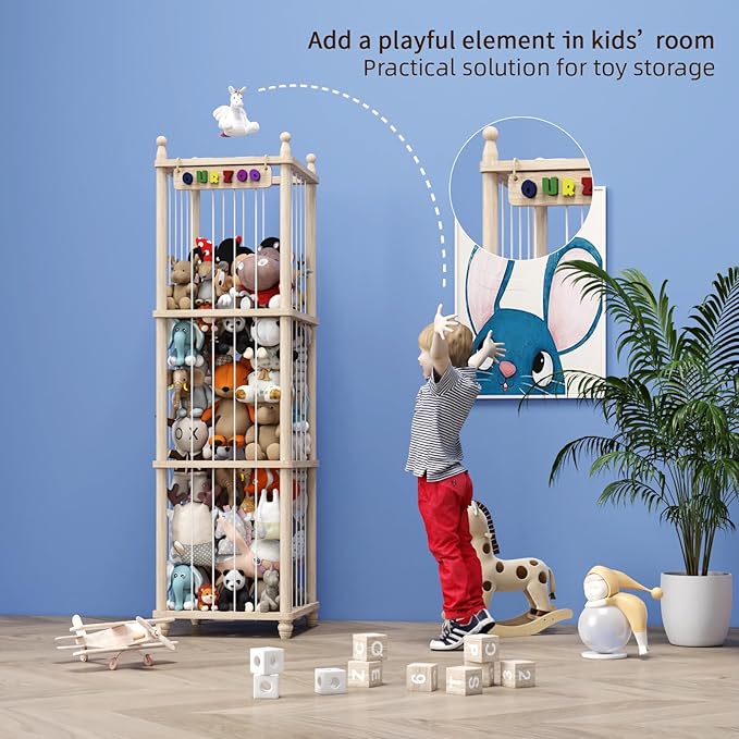 Stuffed Animal Storage Wood Toy Storage Organizer, Upgraded Design from Bean Bag Stuffed Animal Hammock Plushie Net, Large Toy Chest Stuffed animal holder for Kids Nursery Playroom Bedroom （XL）