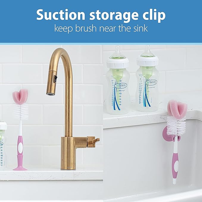 Dr. Brown's Reusable Sponge Baby Bottle Cleaning Brush with Suction Cup Stand, Scrubber and Nipple Cleaner, BPA-Free, Pink, 2-Pack