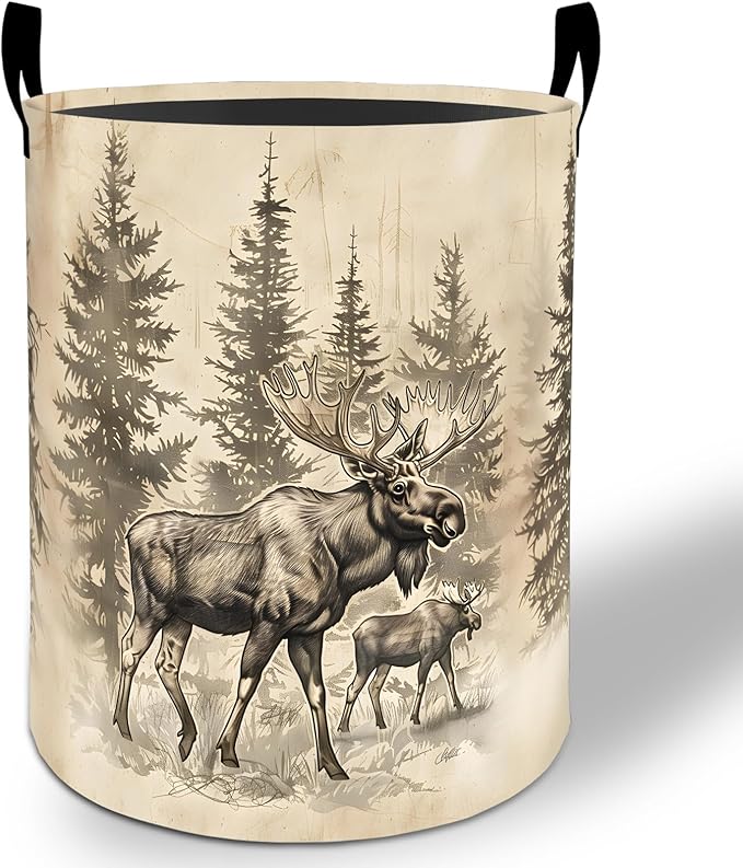 Moose Laundry Basket Hamper 19.7"x15.8", Forest Wildlife Foldable Waterproof Oxford Clothes Storage Bucket for Room Bathroom Bedroom Nursery Decor, Toy Organizer Bins Gifts for Kids Boys Girls