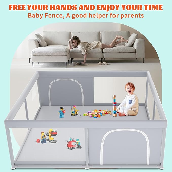 Baby Playpen, 79''x79'' Extra Large Playpen for Babies and Toddlers, Baby Fence Play Pen for Indoor & Outdoor, with Soft Breathable Mesh Grey