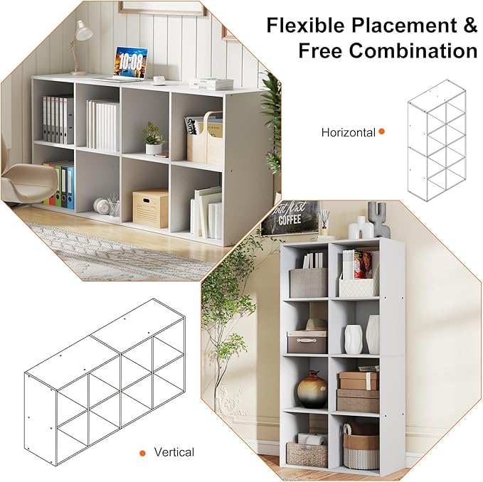 Sweetcrispy 8 Cube Storage Organizer - Open Cube Bookshelf with 4 Removable Back Panels, Display Storage Bookcase for Living Room, Bedroom, Entrance Hall, Home Office，47.7" L×11.6" W×24" H, Beige