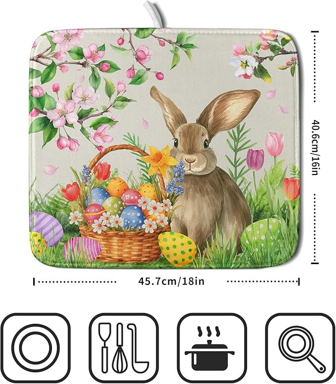Easter Bunny Colorful Eggs Dish Drying Mat for Kitchen Counter,Spring Flowers Green Grass Drying Mat 16 x 18 Inch with High Absorbent Microfiber Drainer Mat for Coffee Bar