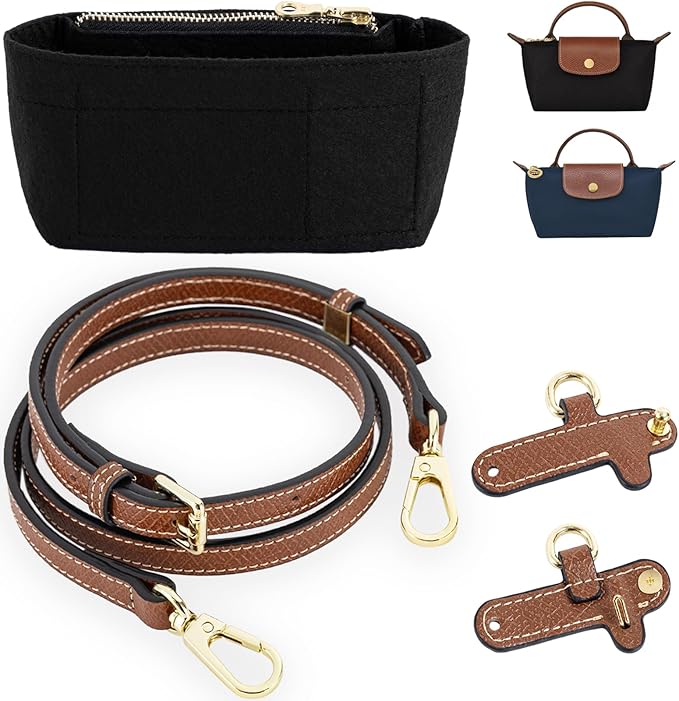 Mini Bag Organizer with Genuine Leather Crossbody Strap Conversion Kit, Compatible with Longchamp Mini Bag – Inner Liner Insert + Strap Kit Set, Brown Strap & Black Insert | Lightweight Build