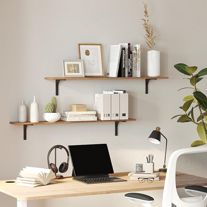 DINZI LVJ Long Wall Shelves, 47.3Inch Wall Mounted Shelves Set of 2, Extra Large Floating Storage Ledges with Sturdy Metal Brackets for Living Room, Bathroom, Bedroom, Kitchen, Rustic Brown