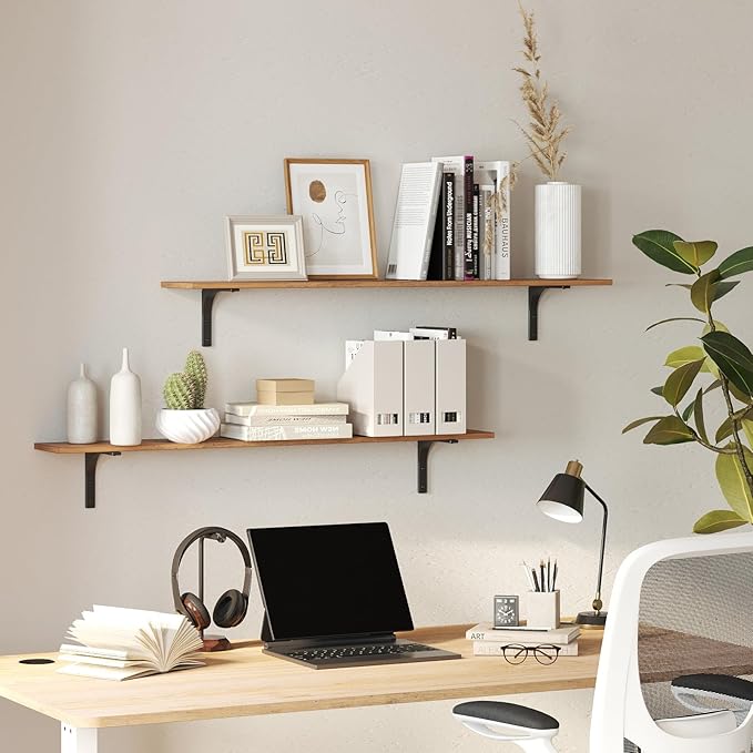 DINZI LVJ Long Wall Shelves, 31.5 Inch Wall Mounted Shelves Set of 2, Easy-to-Install, Wall Storage Ledges with Sturdy Metal Brackets for Living Room, Bathroom, Bedroom, Kitchen, Rustic Brown | Easy-to-Install, Wall Storage Ledges, Living Room, Bathroo...