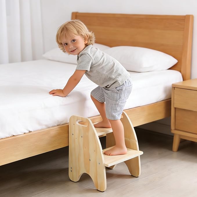 comfoyar Wooden Toddler Step Stool, 2 Step Stool for Kids with Handles and Anti Slip Pad, Convertible Back Chair, Height Adjustable Potty Training Helper Stool for Bathroom Sink, Bedroom