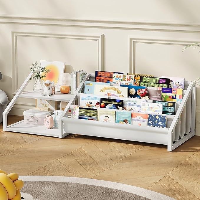 CHOEZON Kids Bookshelf, Book Shelf for Kids Rooms, Toddler Bookshelf with 2 Open Shelves and 4-Tier Sling Rack, for Kid Room, Nursery, Bedroom, Playroom, White TCW06WB