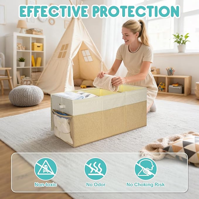 BALEINE Fabric Storage Bins with Lid, Collapsible Extra Large Storage Boxes Bins Baskets with Divider for Home Organizing (37.5"x13"x16", Grey&Beige)