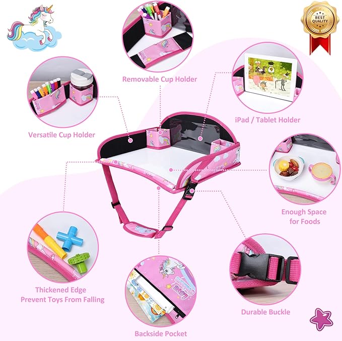 Kids Travel Tray for Toddler Carseat, Road Trip Activities Essentials, Kids Lap Desk Tray with Tablet Holder Stand and Dry Erase Board, Pink Unicorn