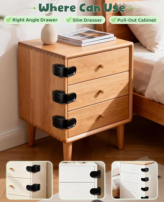 6 Pack Drawer Locks Black, Roctee Baby Proofing Lock for Right Angle Drawer Pull Out Thin Dresser Kitchen Cabinet Bedside Tables, Safety Latch Child Proofing 0-12 Month