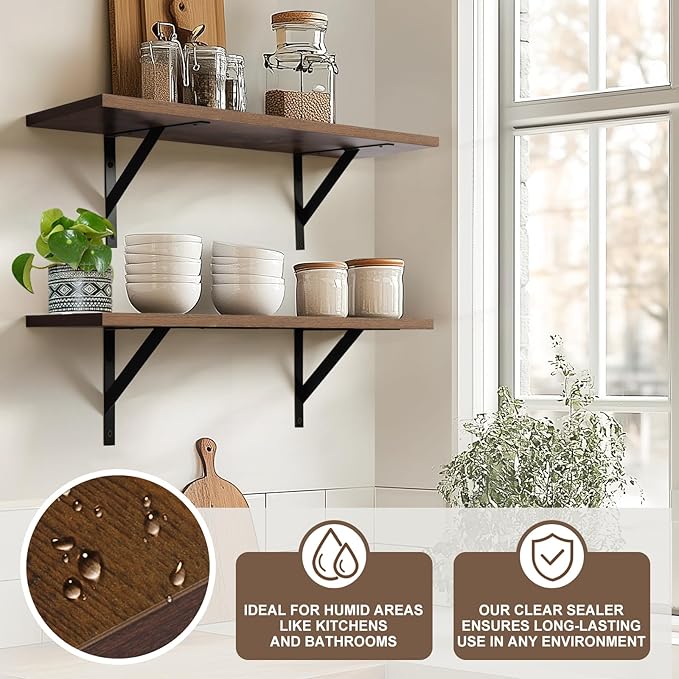 Heavy Duty Long Wall Shelves Set of 2, Floating Shelves Wall Mounted with Industrial Brackets, 40lbs Capacity Shelves for Laundry Room, Kitchen, Bathroom, Living Room (24"*8",Rustic Brown)