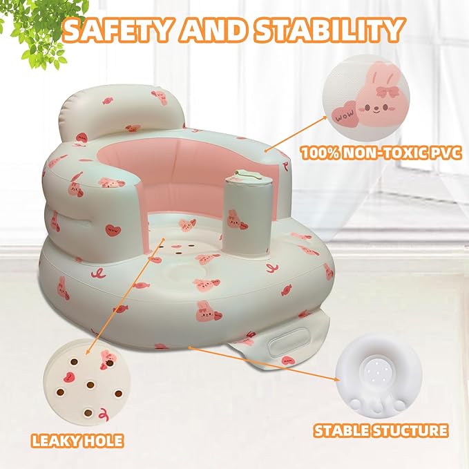 AGITVPS Inflatable Baby Seat for Babies 3-36 Months, Built in Air Pump Baby Chair Sit Me up Floor Seat for Baby, Bumbo Seat for Learning to Sit, Feeding, Camping (Pillar-Love Bunny)