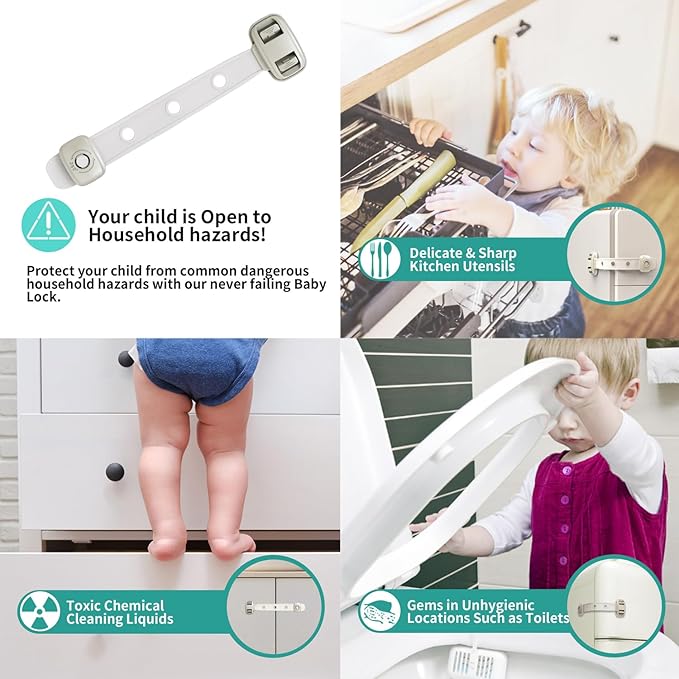 Child Safety Fridge Locks, 3pcs Adjustable Refrigerator Door Lock, Child Proof Safety Cabinet Lock with Strong 3M Adhesives for Cabinets and Drawers, Multi-Purpose for Furniture Toilet Seats Ovens.