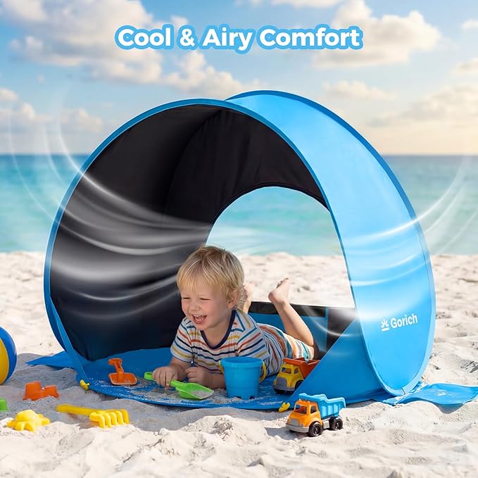 Gorich Pop Up Baby Beach Tent with UPF50+ UV Protection, Portable Toddler Sun Shelter with Mesh Ventilation, Lightweight & Foldable Play Shade Tent for Beach, Park & Backyard