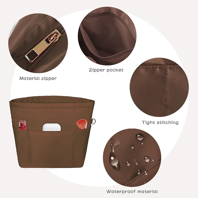 Vercord Purse Insert Organizers for Petite Tote Bag Organizer Insert Inside Handbag Shaper with Zipper Coffee Mini