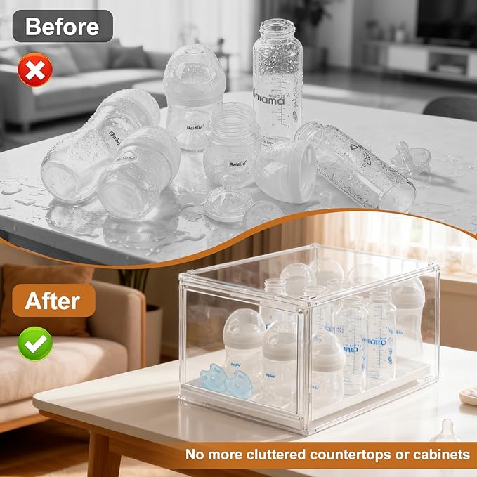 ERTIUANIO Baby Bottle Organizer, Clear Stackable Acrylic Storage for Countertop Cabinet, Baby Bottle Station Organizer with drawer for Pacifiers, Pump Parts