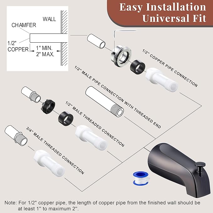 Dreyoo Tub Spout (Universal Fits 1/2" Copper Pipe, 1/2" IPS and 3/4" IPS), Bathroom Bathtub Faucet with Adapters and Hex Wrench(Oil Rubbed Bronze,Simple)