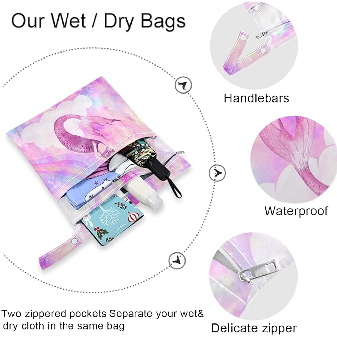 visesunny Unicorn Galaxy Cloud And Rainbow Fantasy 2Pcs Wet Bag with Zippered Pockets Washable Reusable Roomy for Travel,Beach,Pool,Daycare,Stroller,Diapers,Dirty Gym Clothes, Wet Swimsuits, Toiletrie