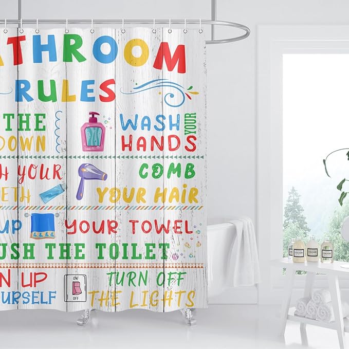 Kids Bathroom Rules Shower Curtain Cute Colorful Quotes Wood Planks Words Funny Teen Boy Girl Restroom Bathtub Decor Waterproof Cloth Fabric 72Lx72W inch with 12PCS Hooks