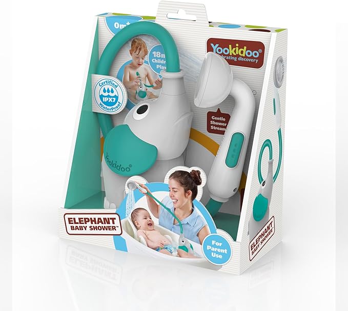 Yookidoo Baby Bath Shower Head – Elephant Water Pump with Trunk Spout Sprayer & Rinser, Dual Knob Flow Control, Bath Time Essential for Newborns, Tub or Sink (Forest Green)