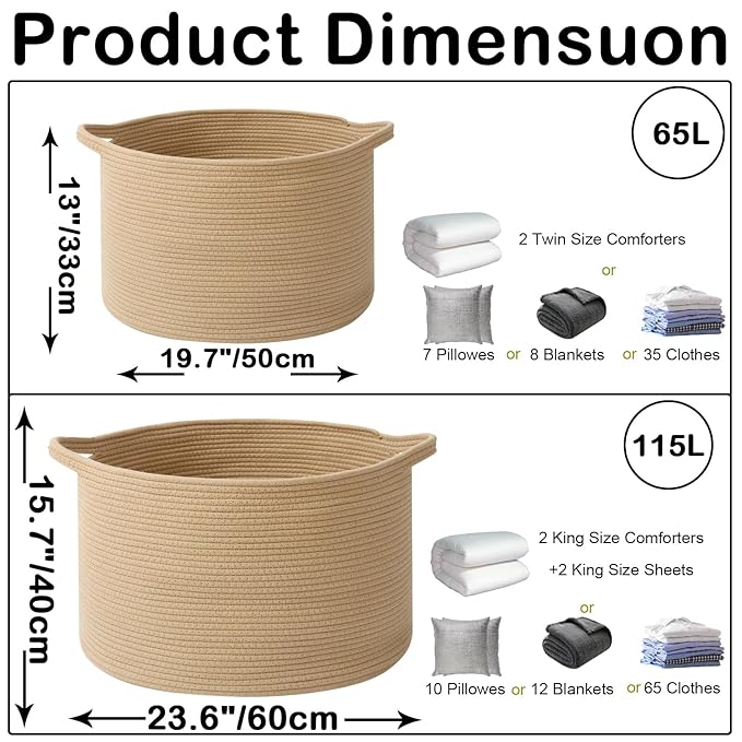 Large Storage Basket with Handle,23.6" x 23.6" x 15.7" Blanket Basket Storage Bins for Organizing,115L Cotton Rope Woven Baskets for Living Room, Nursery,Bedroom,Camel