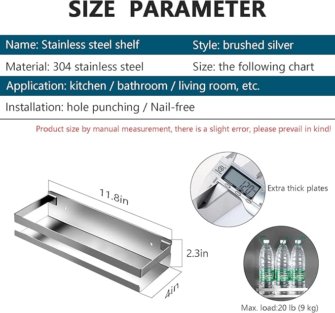 GEINIFAFA Rustproof Metal Storage Floating Shelves Wall Mounted Rectangular Shelf for Bedroom,Bathroom, Living Room, Kitchen, and Laundry Room,Nail-Free Wall-Mounted Shelves（11.8 Inch Silver）