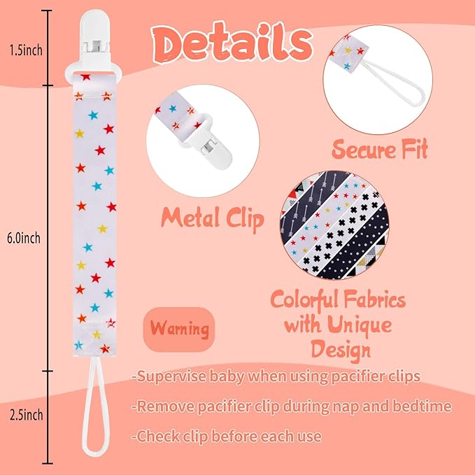 12 Pack Pacifier Clips with Short Strap(25.5cm) - Premium Polyester Baby Pacifier Holder Set, Multi-Design Clips for Boys Girls (Multicolor E 25.5cm)