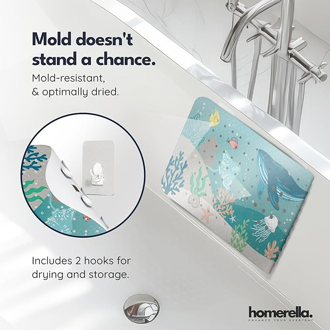 Bath Tub Mat Non Slip Anti Mold for Kids BPA Free INCL Hooks - homerella® Ocean Sea Animals 28x16, Baby Bath Mat Non Slip 200 Suction Cups, Non Toxic Machine Washable Toddler Bath Mat, EU Certified