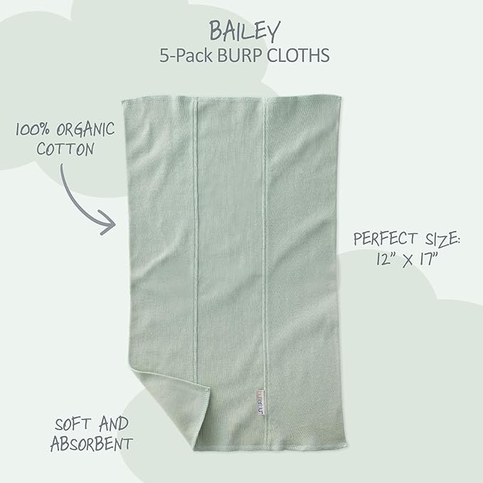 Butterblu Bailey 5-Pack Burp Cloths 100% Organic Cotton Knit for Newborn & Baby Boys & Girls, Seafoam, One Size
