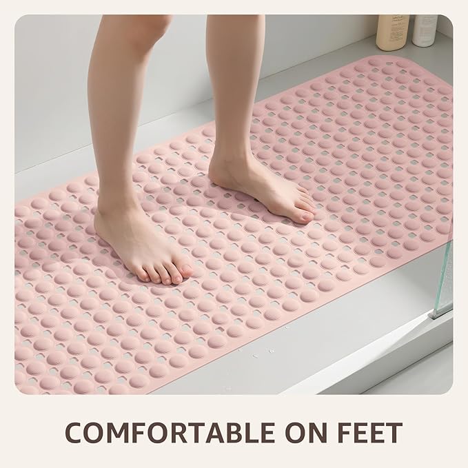 OTHWAY Bath Tub Shower Mat Non Slip, Bathtub Floor Liner Mats for Inside Shower Bathroom, Suction Cups and Drain Holes for Feet Scrubbing, Machine Washable, Soft on Feet, 35x16 Inch, Light Pink