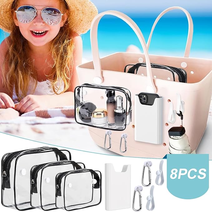 3 Packs Clear Bogg Beach Tote Bag with 2 Pack Insert Hooks Accessories for Bogg Bags Travel Makeup Clean Toiletry Brush Organizer Cosmetic Divider Storage Inner Pouch