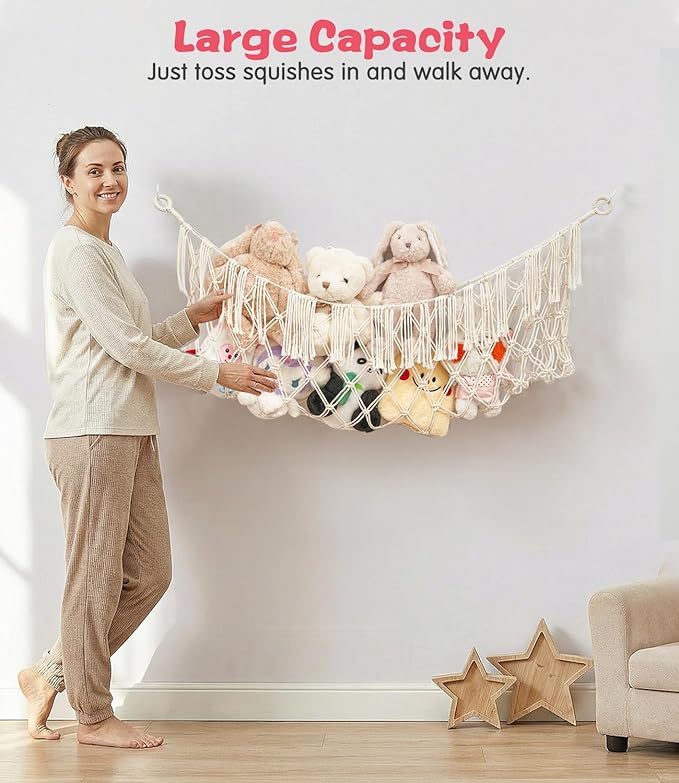 Stuffed Animal Net Hammock, Premium Cotton Hand-knitted plush hammock, Save space Eliminate Clutter Boho Stuffed Animal Storage for Nursery, Bedroom Decor, playrooms