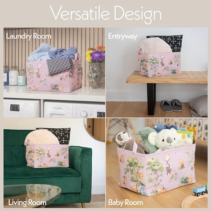Sweet Baby Classic Winnie Pooh Storage Nursery Basket With Hard Bottom Large Square Canvas Cotton Laundry Hamper Bin Waterproof Foldable Bathroom and Bedroom Stuff Clothes Toys Vintage Decor (Pink)
