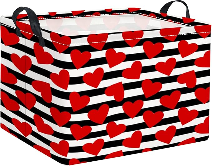 TIBAOLOVER Rectangular Valentines Basket for Women Girls Storage Bin Organizer Box Shelf Room Decor(Black Red Heart)