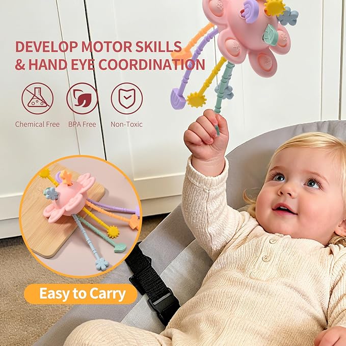 Little Rawr Silicone Baby Sensory Montessori Toys & Pull String Toys for 18 M+, Toddler Birthday Gift Car Seat Airplane Travel Toy for 1 2 Year Old Boy Girl Infant 18 Months Old (Pink)