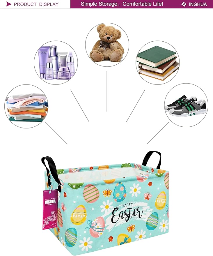 INGHUA Rectangular Storage Basket Fabric Organizer Bin for Toys,Books,Clothes,Gifts,Pets-Perfect for Home,Office,Nursery,Dorm,Shelf(Rec-Easter eggs)