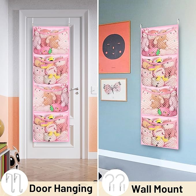 Over The Door Stuffed Animal Storage, Cotton Toy Organizer for Storage Plush Toys,Baby Supplies, Stuffed Animal Holder with 4 Large Pockets, Hanging Door Organizer for Nursery, Bedroom (Pink)