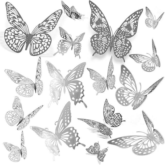 JOSDIOX 3D Silvery Butterfly Wall Stickers - 48 Pcs with 4 Styles & 3 Sizes, Removable Decor for Party Birthday Wedding Cake Balloon Decoration(48 Silvery)