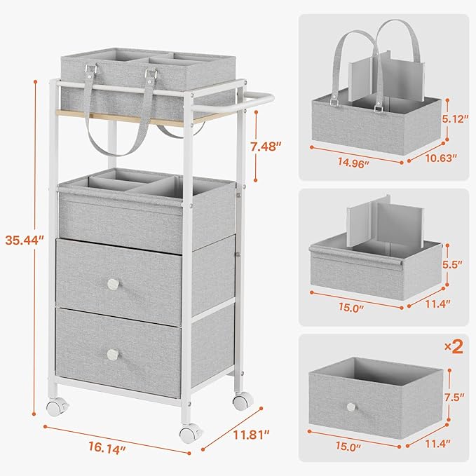Modanais Baby Diaper Caddy Organizer Cart with Drawers - 3In1 Rolling Storage Cart with Wheels, Removable Diaper Caddy, Detachable Dividers - for Crib, Bedroom, Art & Craft Organizer (Light Gray)