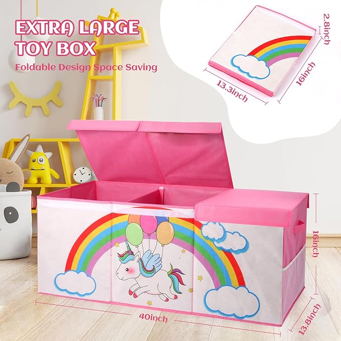 Dqoetort Extra Large Toy Box, Collapsible Storage Organizer with Lids, Sturdy Unicorn Toy Chest for Boys Girls, 40"x14"x16" Kids Storage Bin Box Baskets for Living Room, Playroom, Bedroom, Nursery