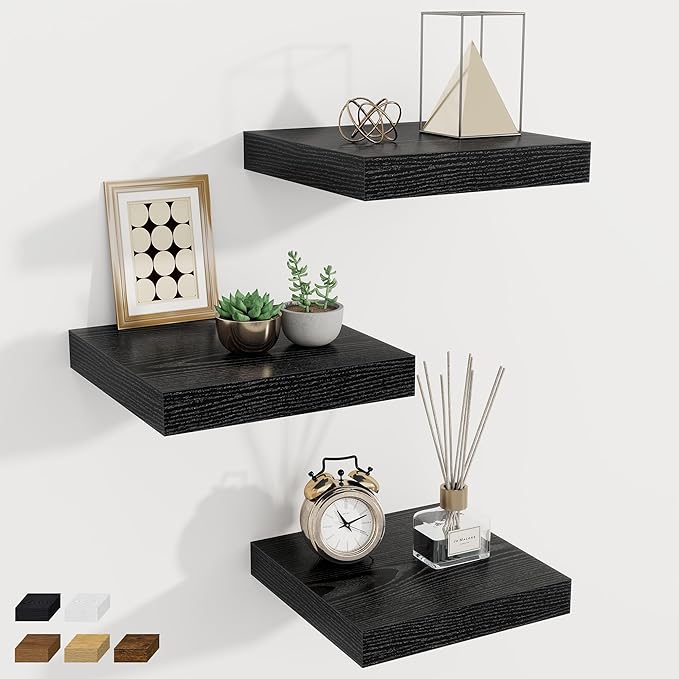 Fun Memories Square Floating Shelves for Wall, 9.3" W x 9.3" D x 1.4" H, Shelves for Wall with Invisible Brackets, Small Wood Storage Shelves for Kitchen, Living Room, Bedroom, Set of 3 (Black)