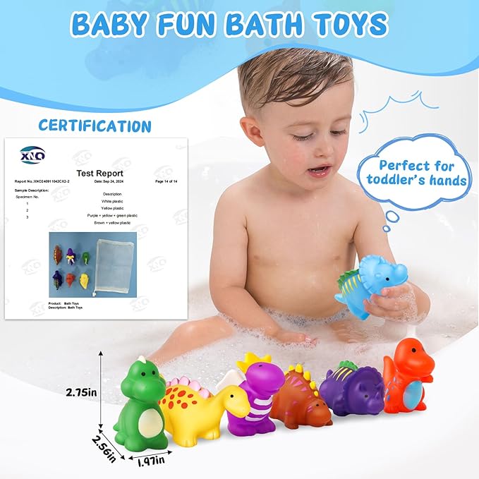 Color Changing No Hole Toddler Bath Toys for Kids Ages 1-3 4-8, Dinosaur Bath Toys Toddlers 2-4, Dinosaur Toys, Valentines Gifts Birthday Valentines Basket Stuffers Bathtub Water Toys with Drying Bag
